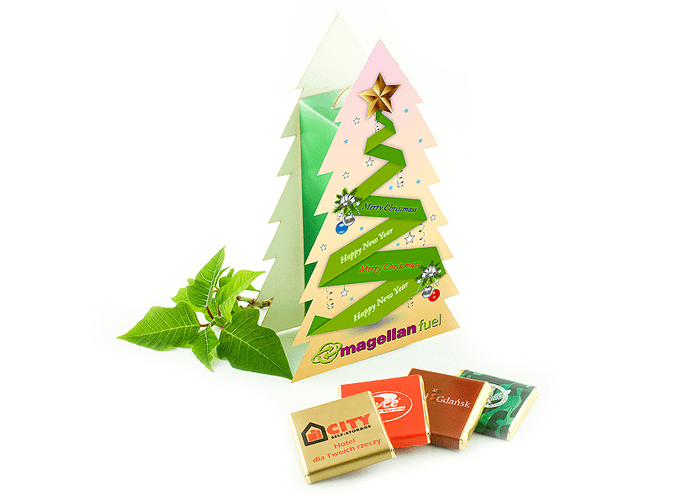 Vánoční reklamní krabička ve tvaru stromečku s čokoládkami