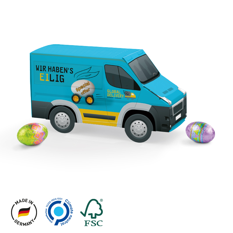 Velikonoční minivan s čokoládovými vajíčky