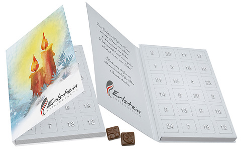 Kalendář naplněný 24 čokoládovými čtverečky s obrázky s vlastním potiskem