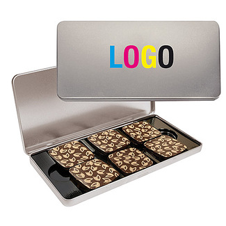6 krásných plněných čokoládek v reklamní plechové krabičce s digitálním potiskem nebo gravírováním