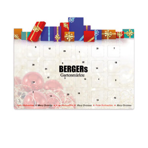 Kalendář ve standardním tvaru s dárečky s možností vlastního potisku s 24 čokoládovými čtverečky s obrázky